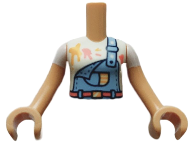 LEGO part Torso Mini Doll Girl Bright Light Blue Overalls over White Shirt with Paint Stains Pattern, Medium Tan Arms with Hands with White Short Sleeves FTGpb405c01