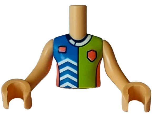 LEGO part Torso Mini Doll Girl Blue, Lime, and Coral Sports Uniform Shirt with White Chevrons and Collar, Dark Blue Number 2 on Back Pattern, Medium Tan Arms with Hands FTGpb432c01