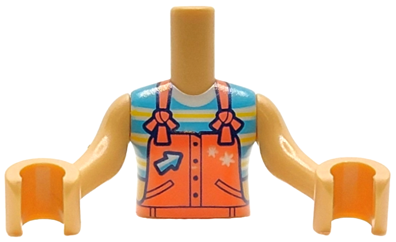 LEGO part Torso Mini Doll Girl Coral Overalls with Pockets, Stars and Arrow over Medium Azure Top with White and Yellow Stripes Pattern, Medium Tan Arms with Hands FTGpb513c01