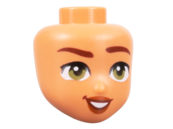 Mini Pop, Hoofd Friends met Roodbruine Wenkbrauwen Opgetrokken, Olijfgroene Ogen, Donkeroranje Lippen, en Scheef Open Mond Glimlach met Tanden Patroon
