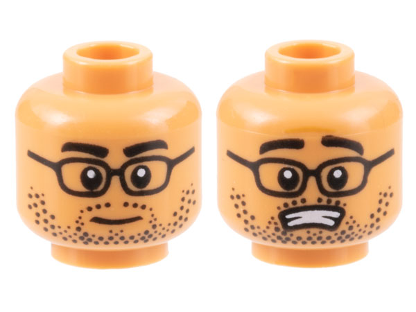 Minifigure, Head Dual Sided Black Eyebrows, Glasses, and Stubble, Neutral / Scared with Open Mouth Pattern - Hollow Stud