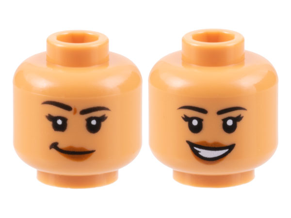 Minifigure, Head Dual Sided Female Black Eyebrows, Dark Orange Lips, Lopsided Grin / Open Mouth Smile Pattern - Hollow Stud