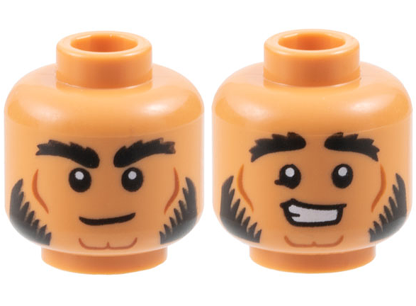 LEGO part Minifigure, Head Dual Sided Black Bushy Eyebrows and Sideburns, Medium Nougat Contour Lines, Neutral / Worried Open Mouth Smile Pattern - Vented Stud 3626pb3680