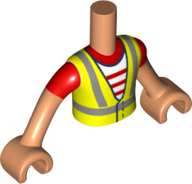 LEGO part Torso Mini Doll Boy Neon Yellow Safety Vest with Recycling Logo over Red and White Striped Shirt Pattern, Light Nougat Arms with Hands with Red Short Sleeves (FTBpb075c01)