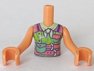LEGO part Torso Mini Doll Girl Lime Top, Coral Belts, Sand Green Bag and Yellow Bandana Pattern, Nougat Arms with Hands (FTGpb277c01)