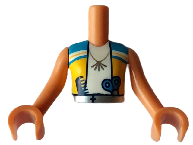 LEGO part Torso Mini Doll Girl Dark Azure and Yellow Vest over White Shirt, Necklace, Scissors and Comb in Silver Belt Pattern, Nougat Arms with Hands (FTGpb397c01)