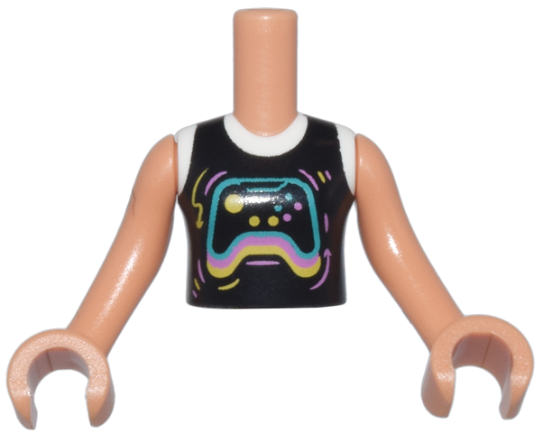 LEGO part Torso Mini Doll Girl Black and White Shirt with Dark Turquoise, Bright Pink, and Yellow Video Game Controller Pattern, Nougat Arms with Hands (FTGpb409c01)