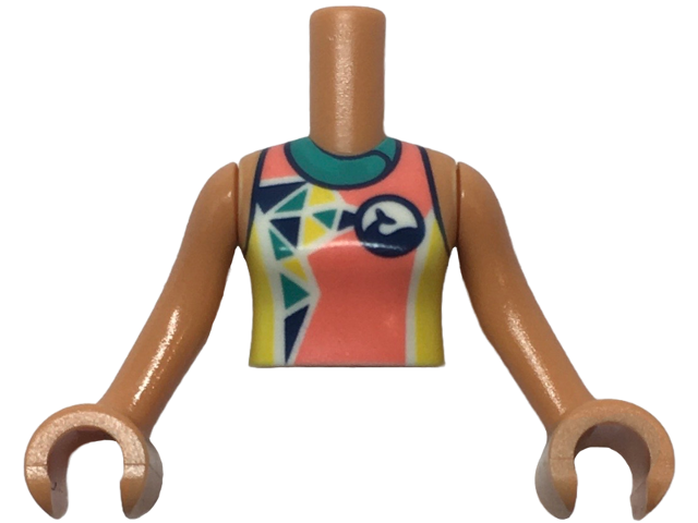 LEGO part Torso Mini Doll Girl Coral, Dark Turquoise, and Yellow Wetsuit with Dolphin / Whale Logo and Triangles Pattern, Nougat Arms with Hands (FTGpb433c01)