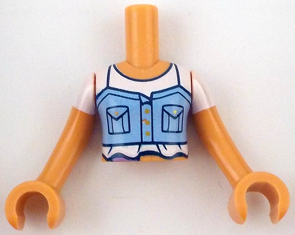 LEGO part Torso Mini Doll Girl Bright Light Blue Vest with Dark Blue Pockets over White T-Shirt with Folds Pattern, Nougat Arms with Hands with White Short Sleeves (FTGpb519c01)