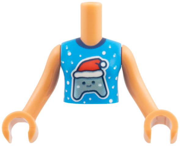LEGO part Torso Mini Doll Girl, Molded White Torso Shell, Dark Azure Shirt with White Snowflakes, Metallic Blue Game Controller in Santa Hat Pattern, Nougat Arms with Hands FTGpb545c01