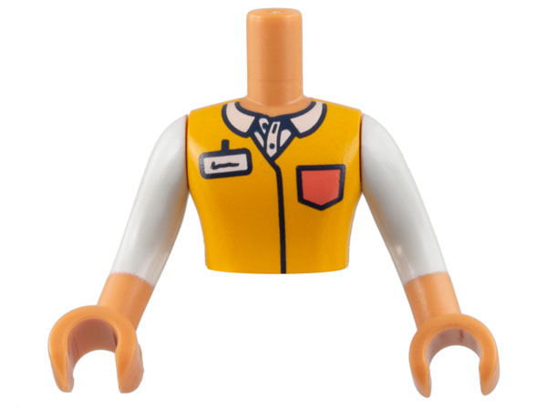 LEGO part Torso Mini Doll Man Bright Light Orange Shirt, White Collar and Badge, Coral Pocket Pattern, Nougat Arms with Hands with White Long Sleeves (FTMpb072c01)