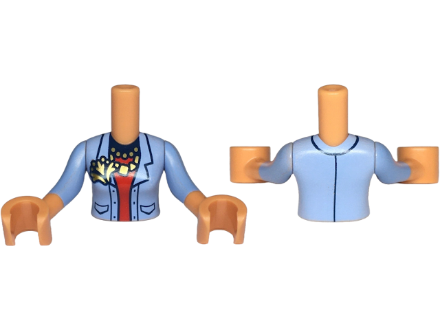 LEGO part Torso Mini Doll Woman Bright Light Blue Jacket Open over Red Shirt with Dark Blue Collar, Gold Necklaces and Pendant Pattern, Nougat Arms with Hands with Bright Light Blue Medium Long Sleeves (FTWpb386c01)
