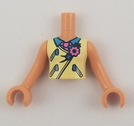 Torso Mini Doll Girl Bright Light Yellow Vest with Zippers over Dark Azure Shirt and Dark Pink Tie Pattern, Nougat Arms with Hands