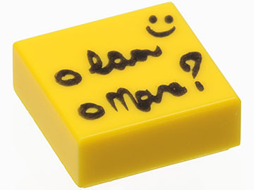 Tile 1 x 1 with Black Script, Question Mark, and Smiley Face Pattern