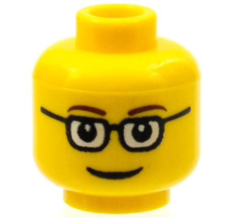 Minifigure, Head Glasses Rectangular, Brown Thin Eyebrows, Smile Pattern