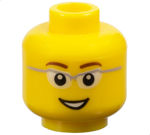 Minifigure, Head Reddish Brown Eyebrows, Glasses with Light Bluish Gray Frame and White Lenses, Open Mouth Smile with Teeth Pattern
