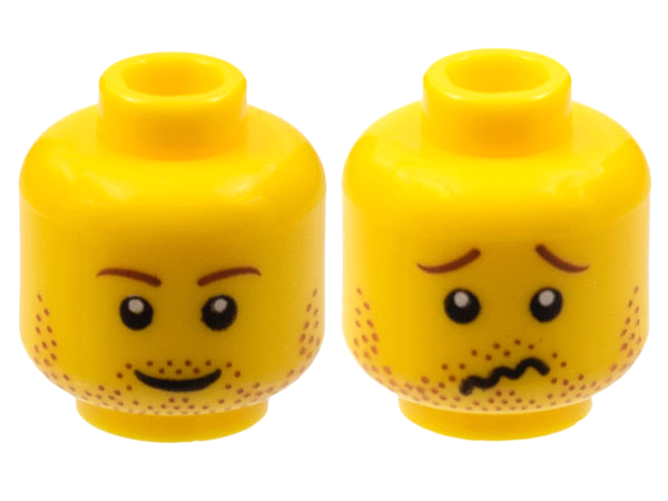 Minifigure, Head Dual Sided Reddish Brown Eyebrows and Stubble, Smile / Worried Pattern