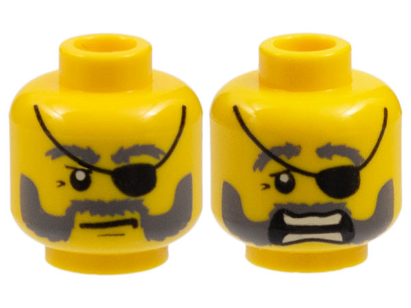 LEGO part Minifigure, Head Dual Sided Eye Patch and Gray Beard Closed Mouth / Open Mouth Scared Pattern 3626pb0399