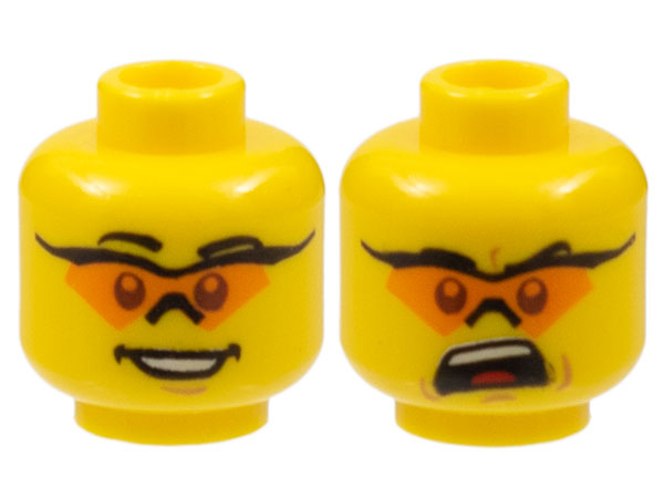 Minifigure, Head Dual Sided Glasses with Orange Lenses, Smile / Mouth Open Upset Pattern
