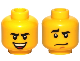 LEGO part Minifigure, Head Dual Sided Black Curved Eyebrows, Brown Chin Dimple, Laughing / Worried Pattern 3626pb0586