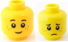 Minifigure, Head Dual Sided Child Black Eyebrows, Reddish Brown Freckles, Grin / Sad Frown Pattern