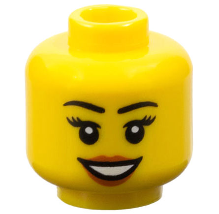 Minifigure, Head Female Black Eyebrows and Eyelashes, Medium Nougat Lips, and Open Mouth Smile with Teeth Pattern