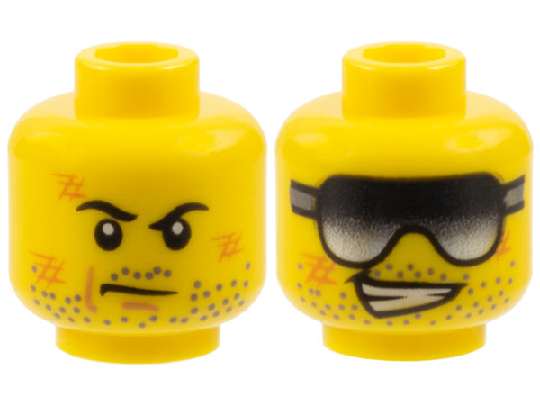 Minifigure, Head Dual Sided Dark Bluish Gray Stubble, Orange Scuff Marks, Black Eyebrows and Scowl / Sunglasses and Lopsided Open Mouth Smile with Teeth Pattern