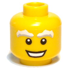 Minifigure, Head Male Light Bluish Gray and White Bushy Eyebrows, Open Mouth Smile with Teeth Pattern