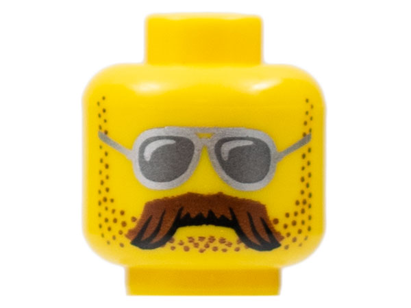 LEGO part Minifigure, Head Glasses with Silver Sunglasses, Moustache Brown Bushy and Stubble Pattern 3626pb0916