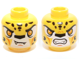 Minifigure, Head Dual Sided Alien Chima Leopard with Bright Light Orange Eyes, Fangs and Black Spots, Neutral / Angry Pattern (Lundor)
