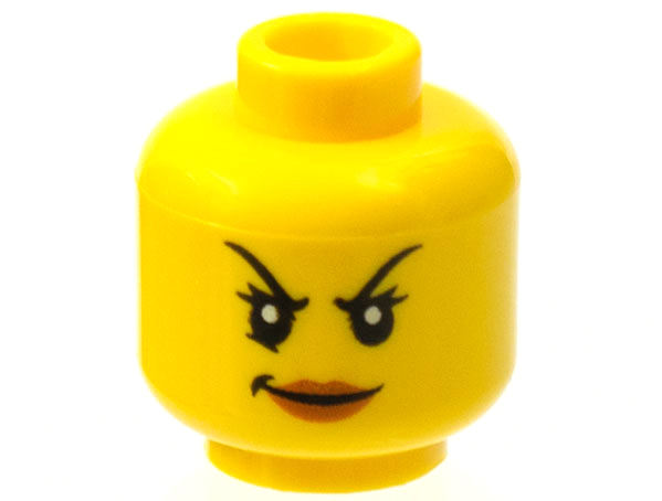 LEGO part Minifigure, Head Female Black Arched Thin Eyebrows, Eyelashes, Dark Orange Lips, Evil Smirk Pattern 3626pb1275