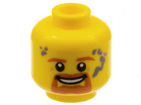 LEGO part Minifigure, Head Dark Orange Eyebrows, Goatee, and Moustache, Dark Bluish Gray Splotches, Open Mouth Smile with Teeth Pattern 3626pb1466