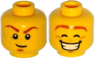 LEGO part Minifigure, Head Dual Sided Dark Orange Eyebrows with Scar, Soul Patch, Medium Nougat Freckles, Determined / Smile with Teeth, Dimples, Eyes Closed Pattern 3626pb1504