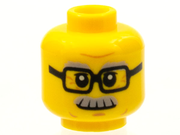 LEGO part Minifigure, Head Light Bluish Gray Bushy Eyebrows and Moustache, Black Glasses, Medium Nougat Chin Dimple and Wrinkles, Slight Grin Pattern 3626pb1566
