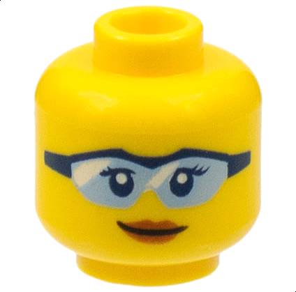 Minifigure, Head Female Glasses with Bright Light Blue Lenses and Dark Blue Frame, Dark Orange Lips, Closed Mouth Smile Pattern