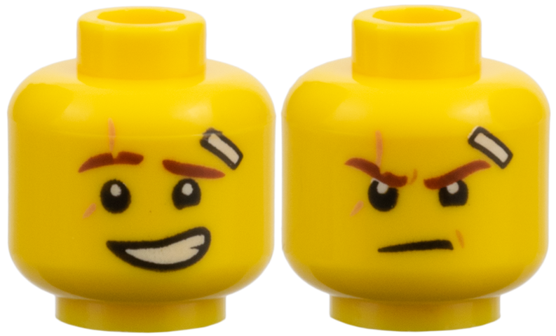 LEGO part Minifigure, Head Dual Sided Reddish Brown Eyebrows, Medium Nougat Scar, Bandage, Lopsided Grin with Teeth / Determined Pattern (Kai) 3626pb1889