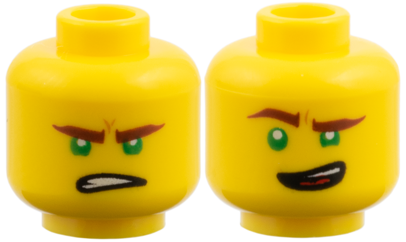 Minifigure, Head Dual Sided Reddish Brown Eyebrows, Green Eyes, Lopsided Open Mouth Grin / Gritted Teeth Pattern (Lloyd)