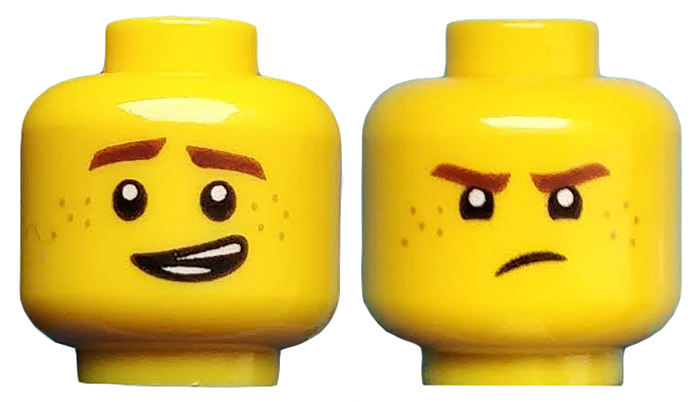 Minifigure, Head Dual Sided Reddish Brown Eyebrows and Freckles, Lopsided Grin / Frown Pattern (Jay)