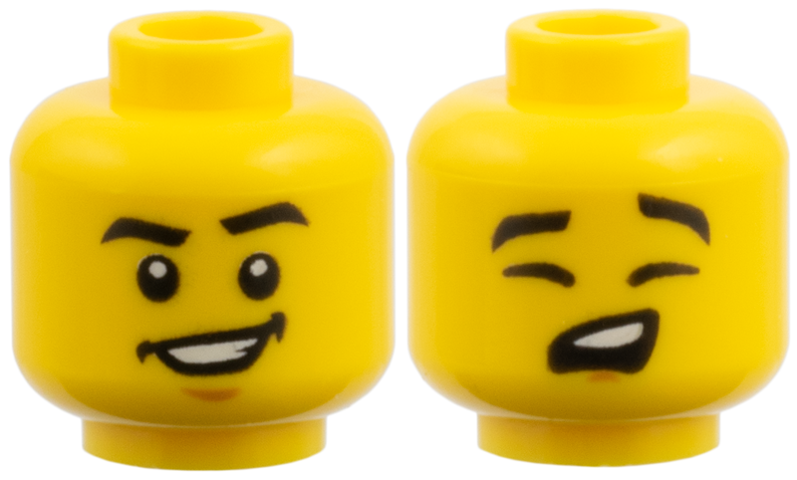 Minifigure, Head Dual Sided Black Eyebrows, Wide Smile, Chin / Eyes Closed, Singing Pattern