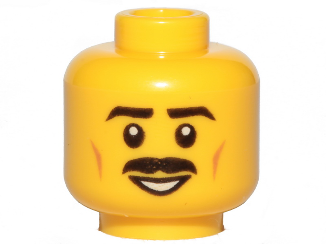 Minifigure, Head Moustache Black, Black Eyebrows, Brown Cheek Lines, Smile, White Pupils Pattern