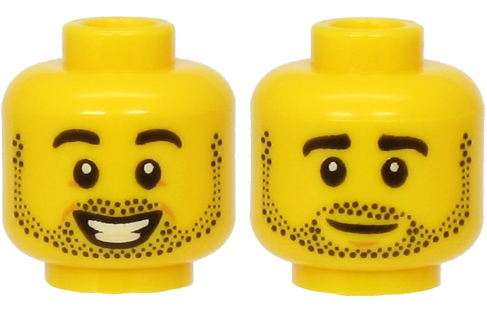 LEGO part Minifigure, Head Dual Sided Black Eyebrows and Stubble, Smiling / Neutral Expression Pattern 3626pb2143