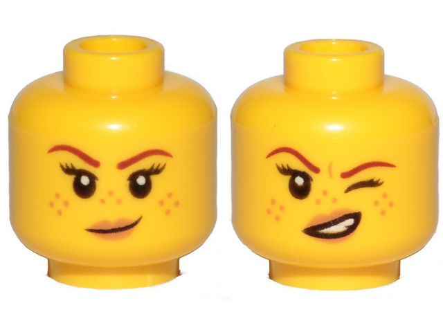 Minifigure, Head Dual Sided Female Reddish Brown Eyebrows, Nougat Freckles and Lips, Small Smirk / Left Eye Squinted Pattern