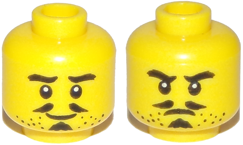 LEGO part Minifigure, Head Dual Sided Beard Stubble, Thick Eyebrows, Pencil Moustache, Soul Patch, Smile / Frown Pattern 3626pb2205