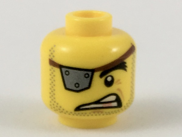 Minifigure, Head Male Silver Eye Patch with Rivets, Raised Eyebrow, Copper Tooth, Stubble Pattern (MetalBeard) - Hollow Stud