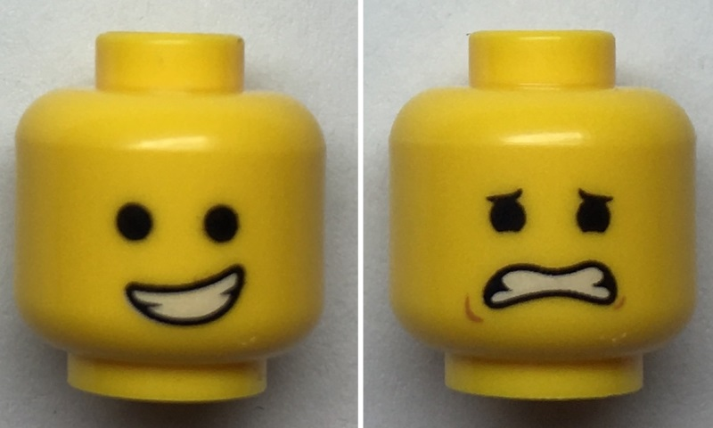 Minifigure, Head Dual Sided Open Smile with Teeth / Eyebrows, Scared with Dimples Pattern - Hollow Stud