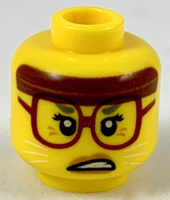 LEGO part Minifigure, Head Female, Reddish Brown Headband, Dark Red Glasses, White Cat Whiskers, Scowling Pattern - Hollow Stud 3626pb2310