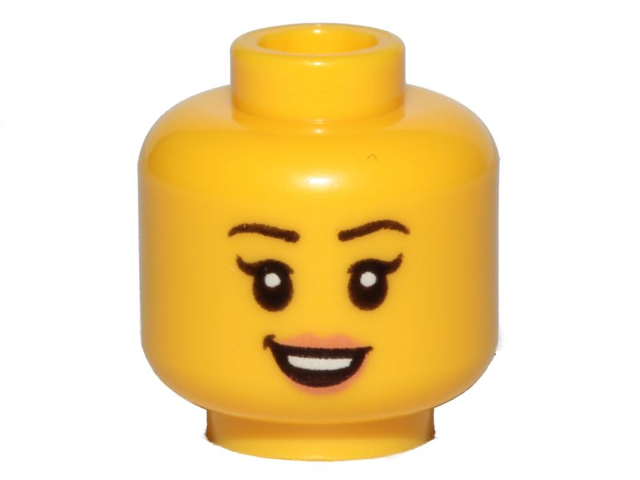 Minifigure, Head Female Black Eyebrows, Single Eyelashes, Nougat Lips, Open Mouth Smile with Top Teeth Pattern - Hollow Stud
