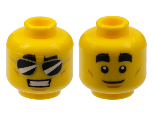LEGO onderdeel Minifigure, Head Dual Sided Thick Black Eyebrows, Black Sunglasses, Smile with Teeth / White Pupils, Closed Mouth Pattern - Hollow Stud 3626pb2396