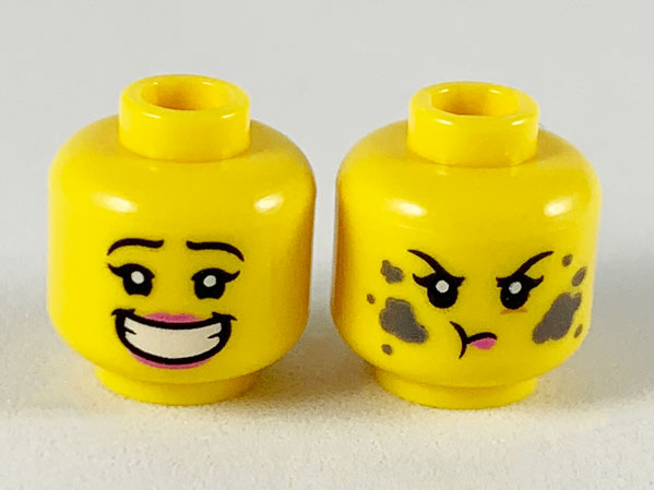 LEGO part Minifigure, Head Dual Sided Female, Pink Lips Big Smile with Teeth / Dirt Stains, Angry Pattern - Hollow Stud 3626pb2440