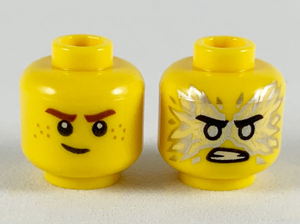 Minifigure, Head Dual Sided Reddish Brown Eyebrows, White Pupils, Lopsided Smile / Black Eyebrows, Flat Silver Eyes, Energy, Angry Pattern (Jay) - Hollow Stud